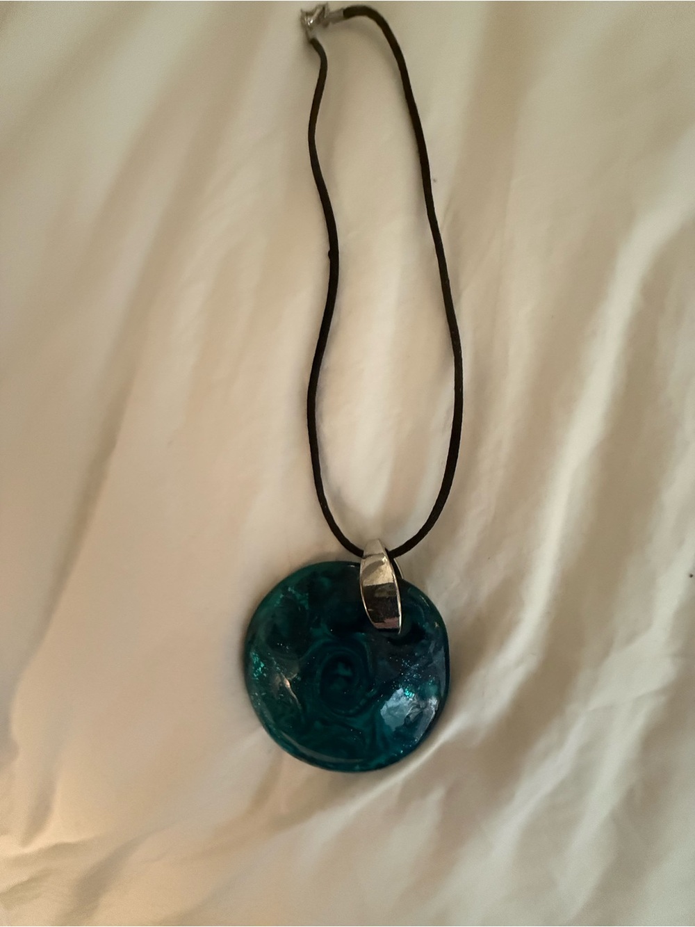 Teal Round Murano Glass Pendant Necklace from Venice Italy on Black Cord